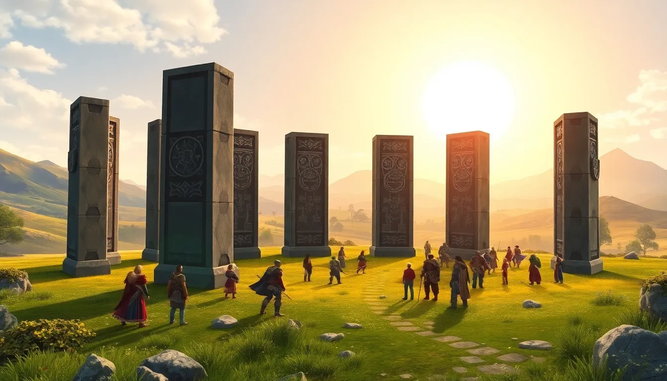 A mystical stone circle with adventurers in a lush landscape.