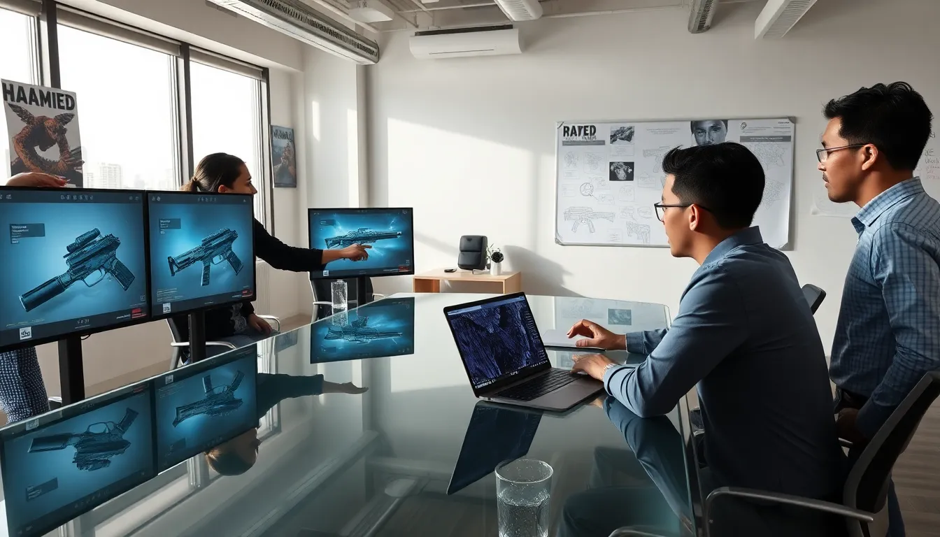 diverse team discussing polymers in a modern game studio.