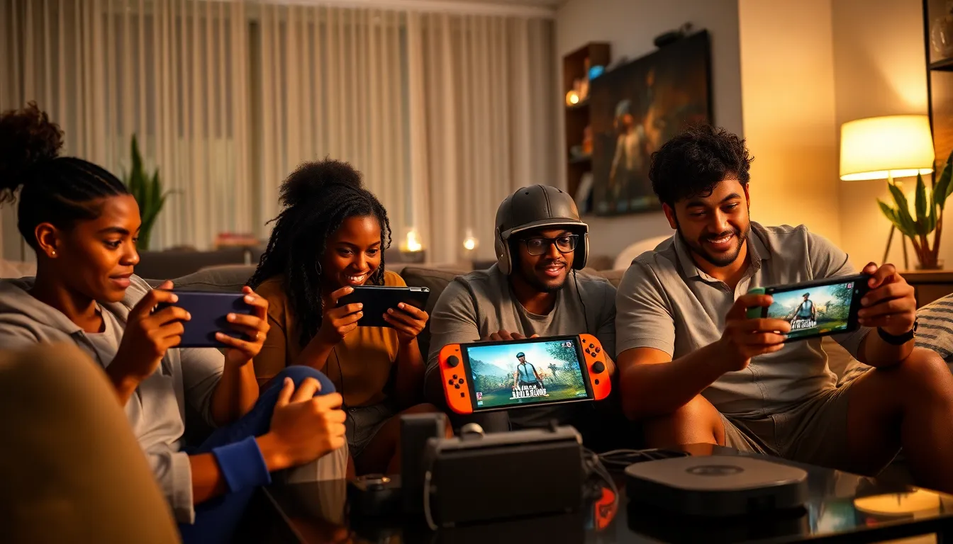 diverse group of gamers playing PUBG on Nintendo Switch in a modern room.