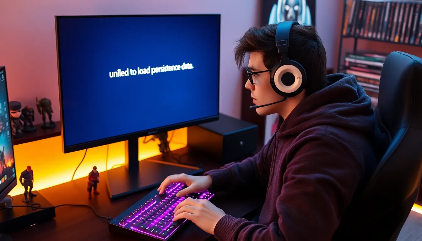 gamer frustrated by data loading error on a computer.