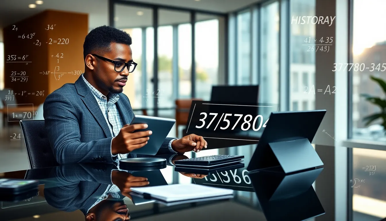 mathematician analyzing the number 3757803436 in a modern office.